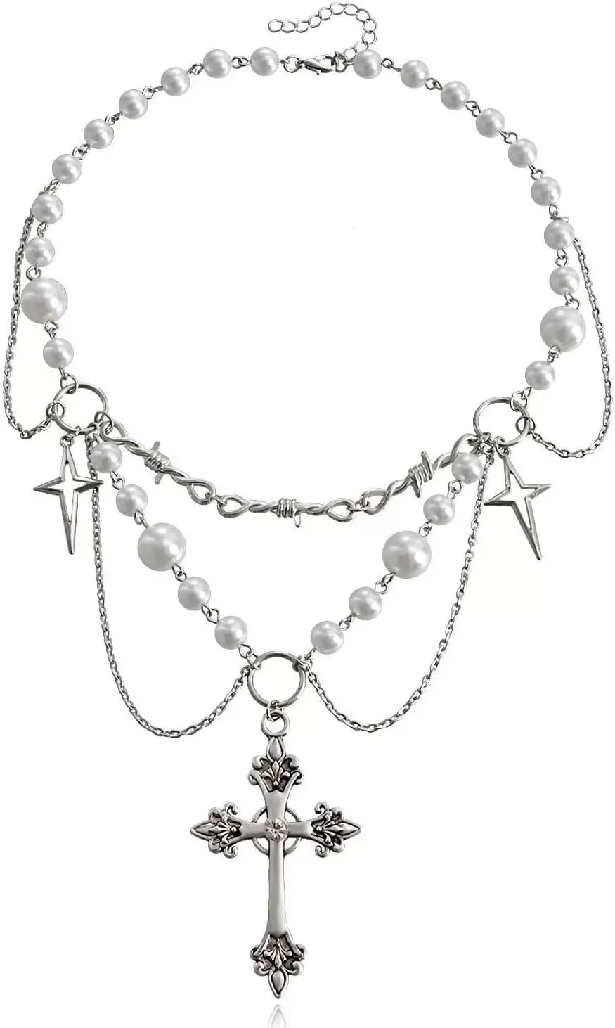 Gothic Pearl Cross Layered Necklace, Silver Chain with Pearl Beads, Vintage Style