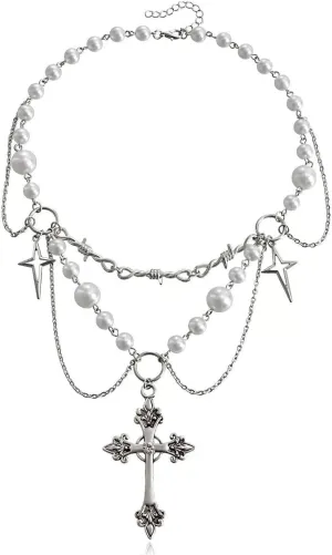 Gothic Pearl Cross Layered Necklace, Silver Chain with Pearl Beads, Vintage Style