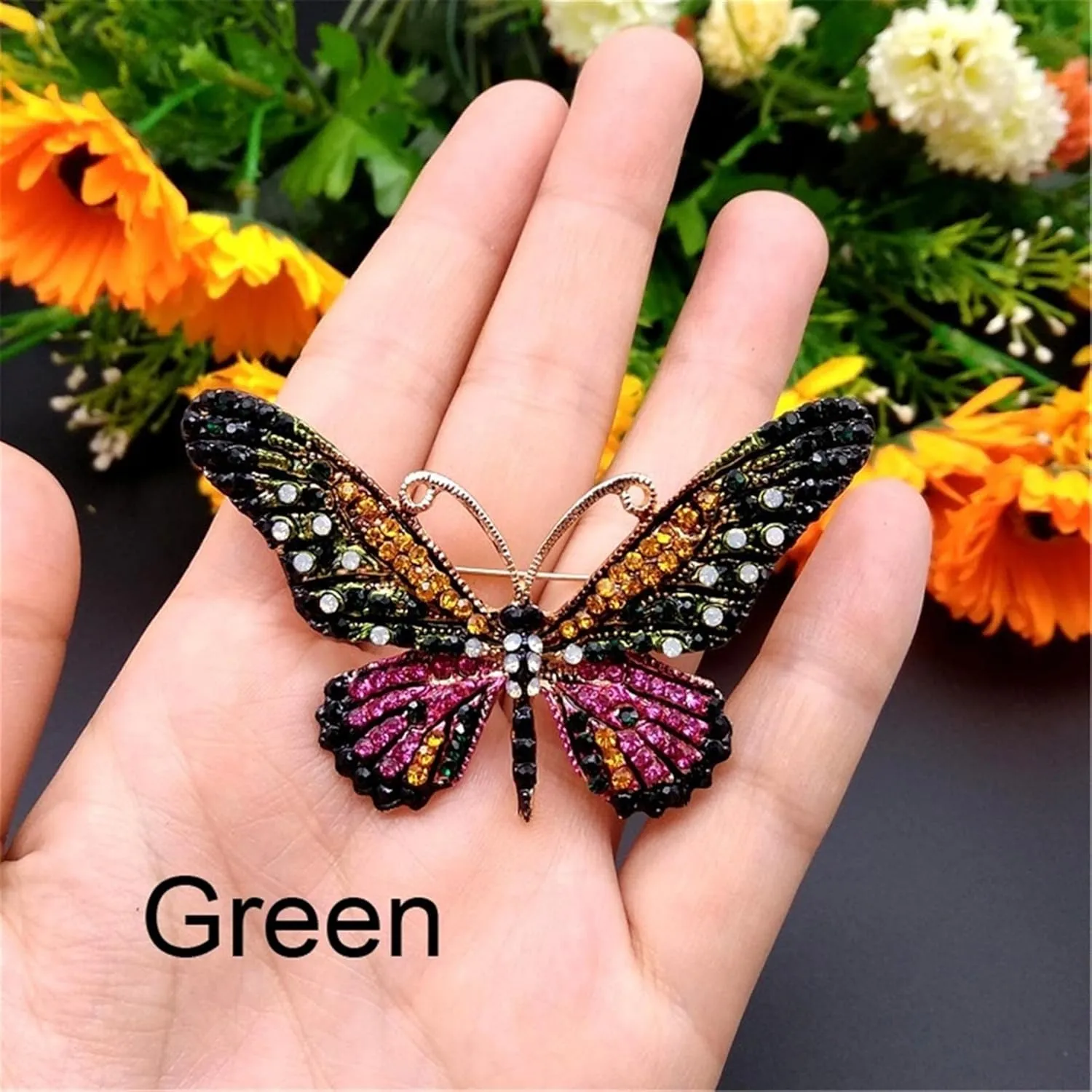 Guoshang Women Large Colorful Butterfly Shaped Brooch Pin Rhinestone Crystal Butterfly Lapel Pin for Coats Jackets Sweaters Accessories,Green,1 Pc