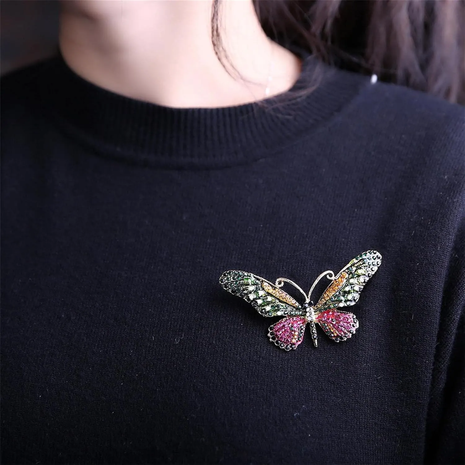 Guoshang Women Large Colorful Butterfly Shaped Brooch Pin Rhinestone Crystal Butterfly Lapel Pin for Coats Jackets Sweaters Accessories,Green,1 Pc