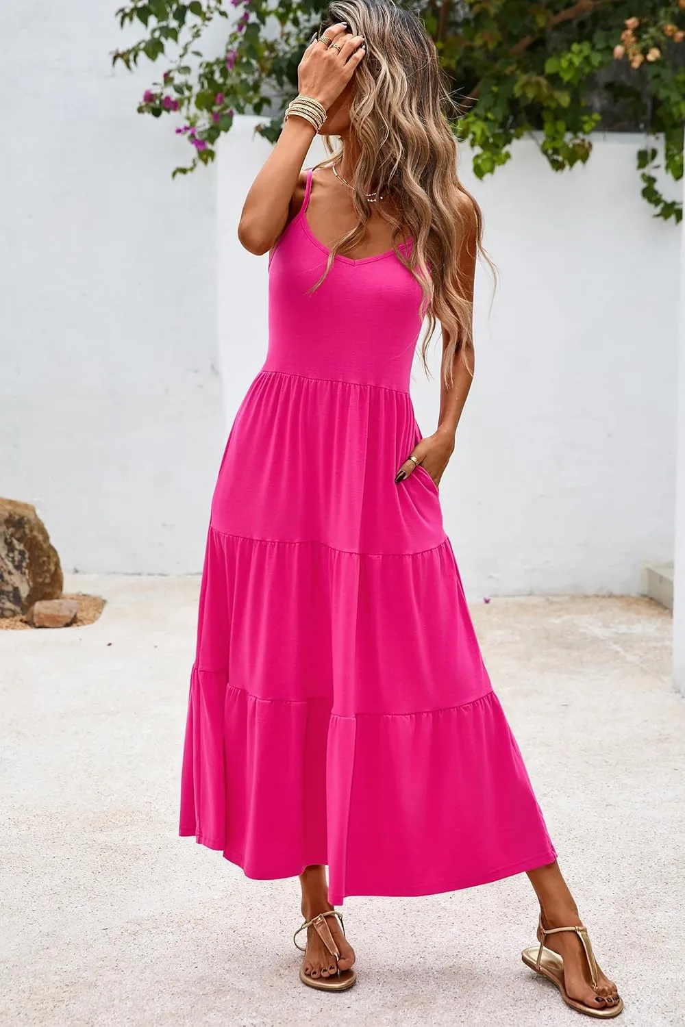 Halife Womens Flowy Tiered Maxi Dress Sleeveless Summer Sundresses Adjustable Straps Long Beach Sun Dresses with Pockets