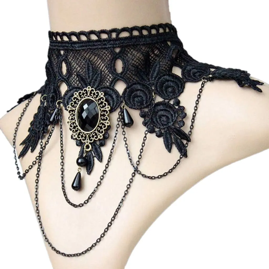 Halloween Sexy Gothic Chokers Crystal Black Lace Neck Collars Choker Necklace Vintage Victorian Women Chock Steampunk
