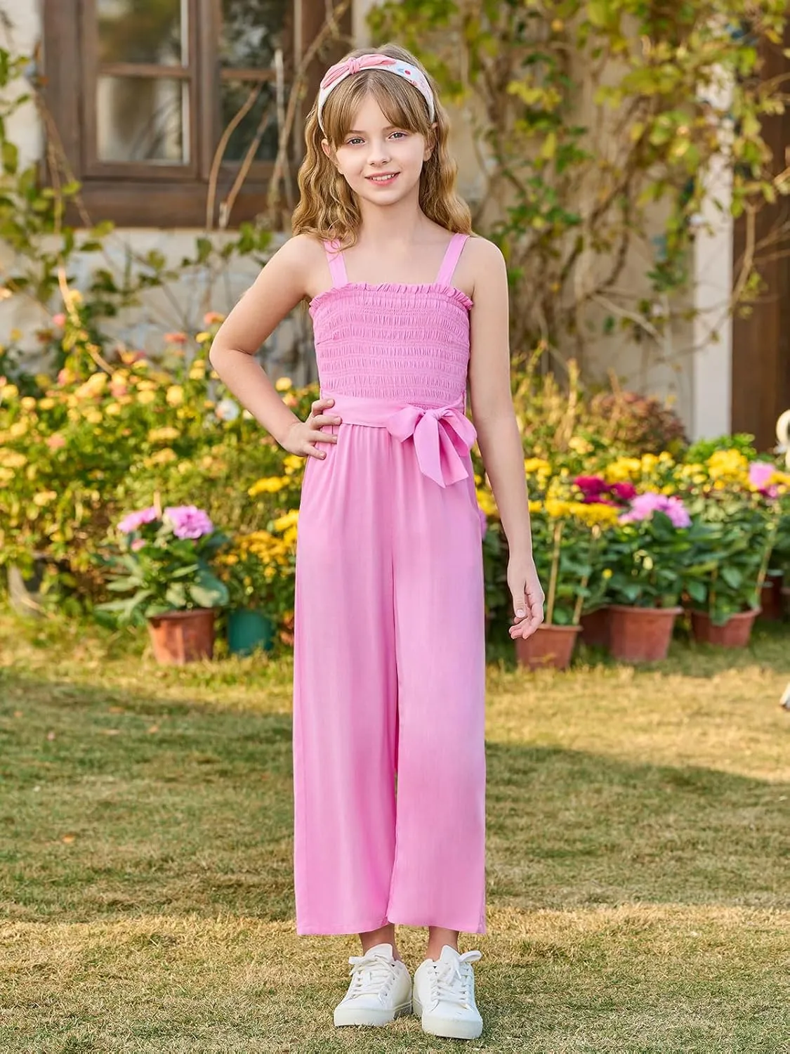 Haloumoning Girls Jumpsuit Kids Sleeveless Smocked Belted Wide Leg Romper with Pockets 5-14 Years