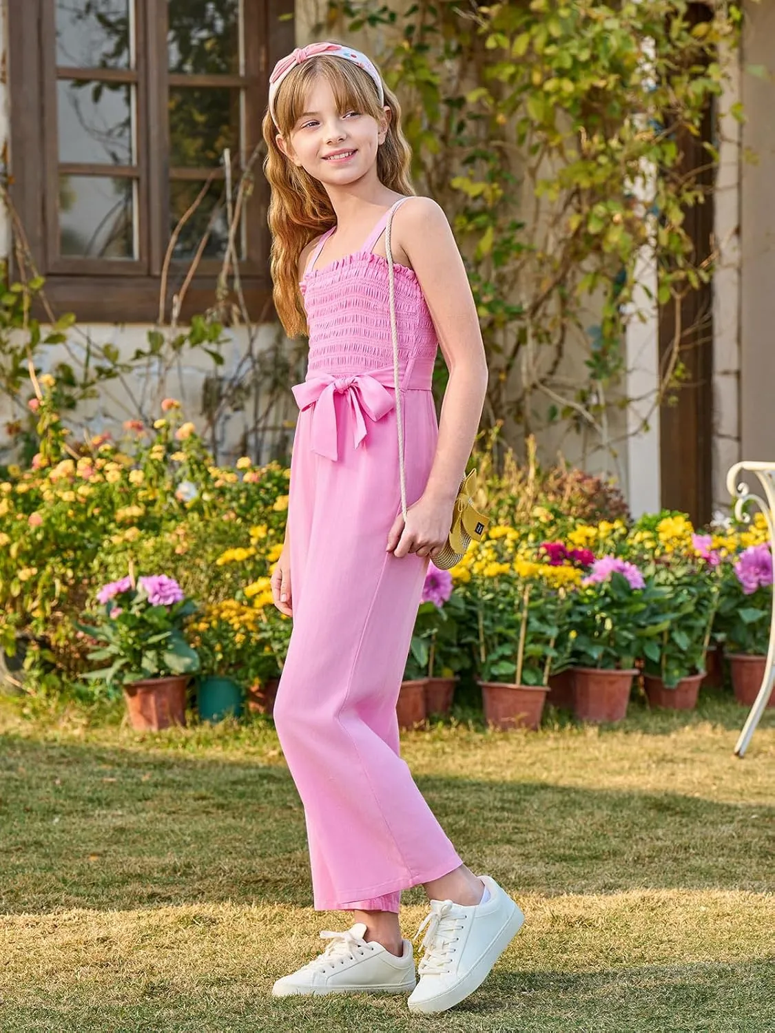 Haloumoning Girls Jumpsuit Kids Sleeveless Smocked Belted Wide Leg Romper with Pockets 5-14 Years