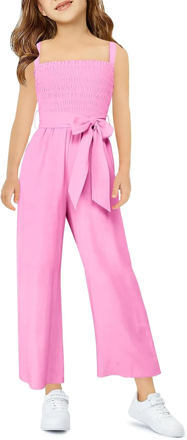 Haloumoning Girls Jumpsuit Kids Sleeveless Smocked Belted Wide Leg Romper with Pockets 5-14 Years