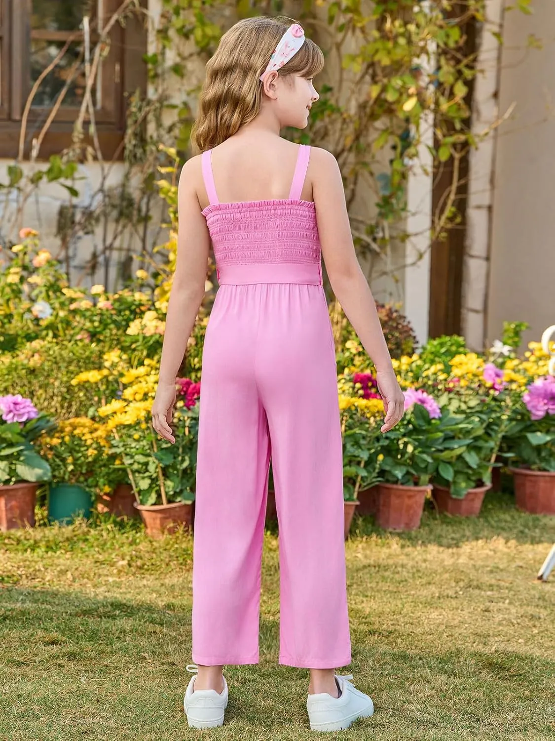 Haloumoning Girls Jumpsuit Kids Sleeveless Smocked Belted Wide Leg Romper with Pockets 5-14 Years