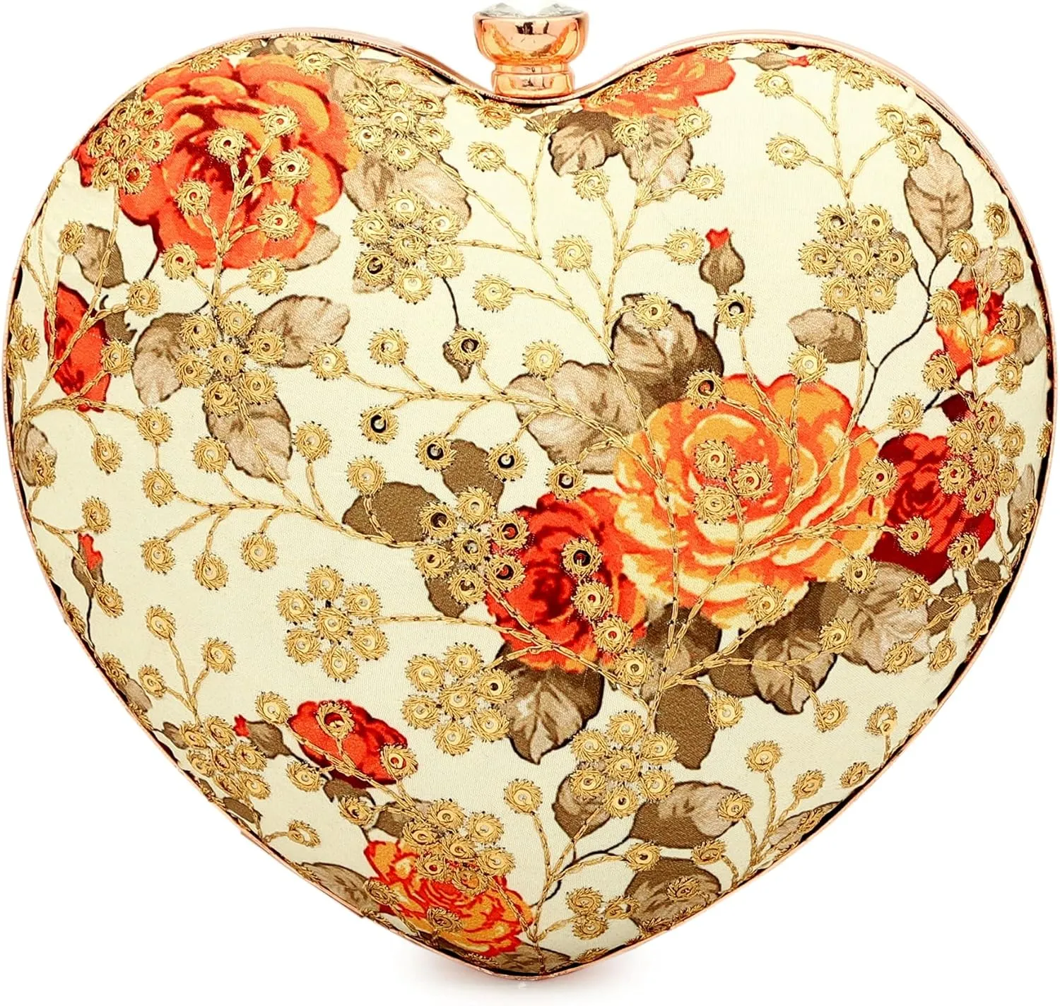 Handicraft Party Wear Heart Shaped Box Clutch Bag Purse with Handle For Bridal, Casual, Party, Wedding (Beige Embroidered)