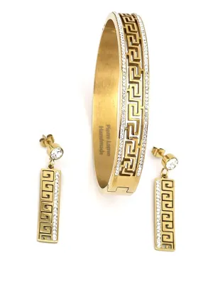 HANDMADE Fine Greek Jewelry SET Diamond Eternity Bangle Bracelet Greek Meander Earrings Gold Greek Jewelry 18kt Gold 272 Crystal Diamonds Graduation ETERNITY SUCCESS gift (18k Yellow Gold Vermeil)
