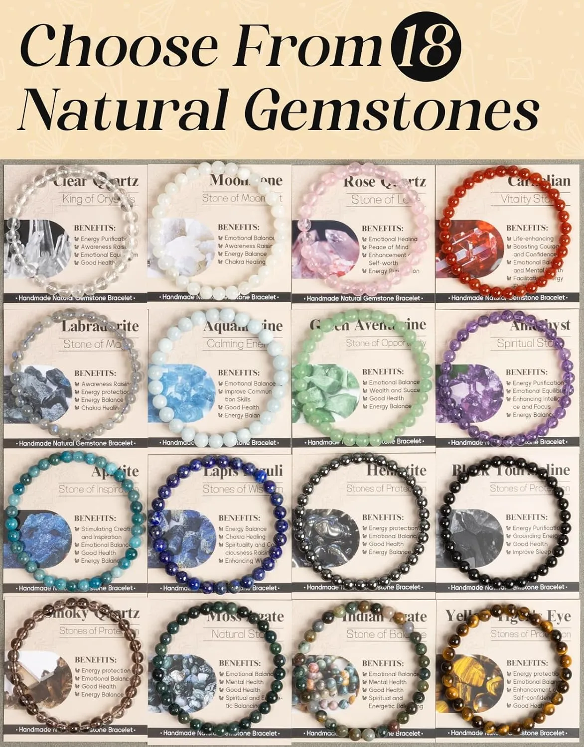 Handmade Natural Stone Beaded Stretch Bracelets,Healing Crystals Protection Bracelet,Spiritual Jewelry Gifts for Women & Men,Replacement Beads Included