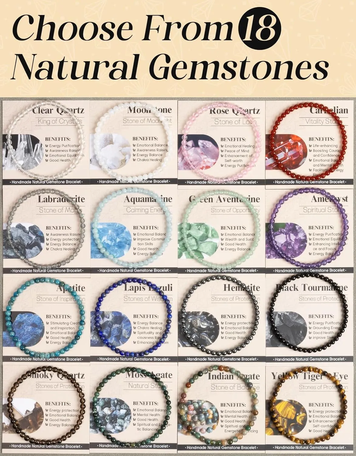 Handmade Natural Stone Beaded Stretch Bracelets,Healing Crystals Protection Bracelet,Spiritual Jewelry Gifts for Women & Men,Replacement Beads Included