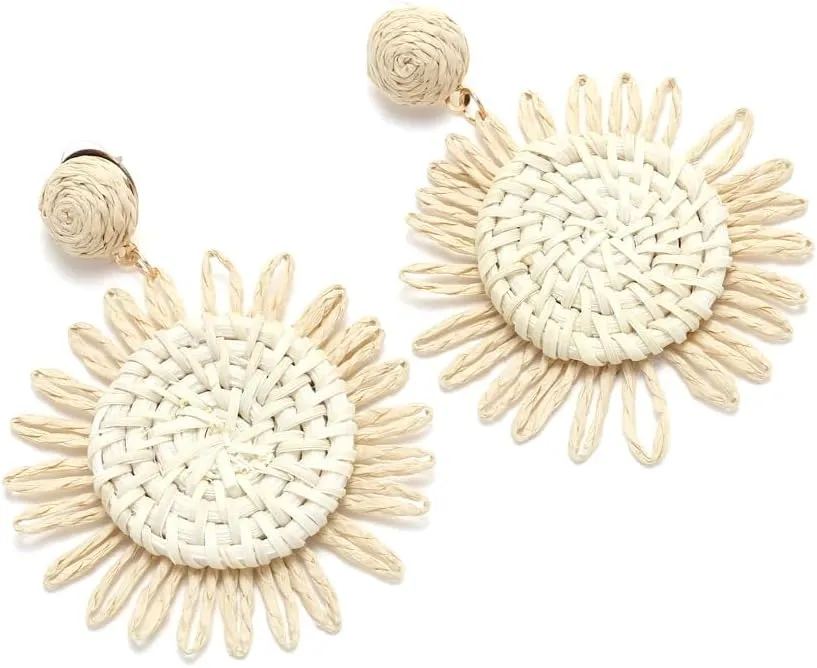 Handwoven Boho Raffia Rattan Drop Earrings Straw Wicker Flower Geometric Statement Earrings for Women Summer Beach Vacation Jewelry Gifts