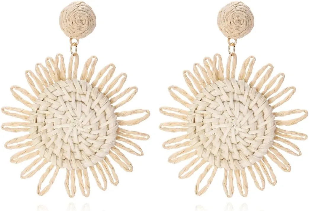 Handwoven Boho Raffia Rattan Drop Earrings Straw Wicker Flower Geometric Statement Earrings for Women Summer Beach Vacation Jewelry Gifts