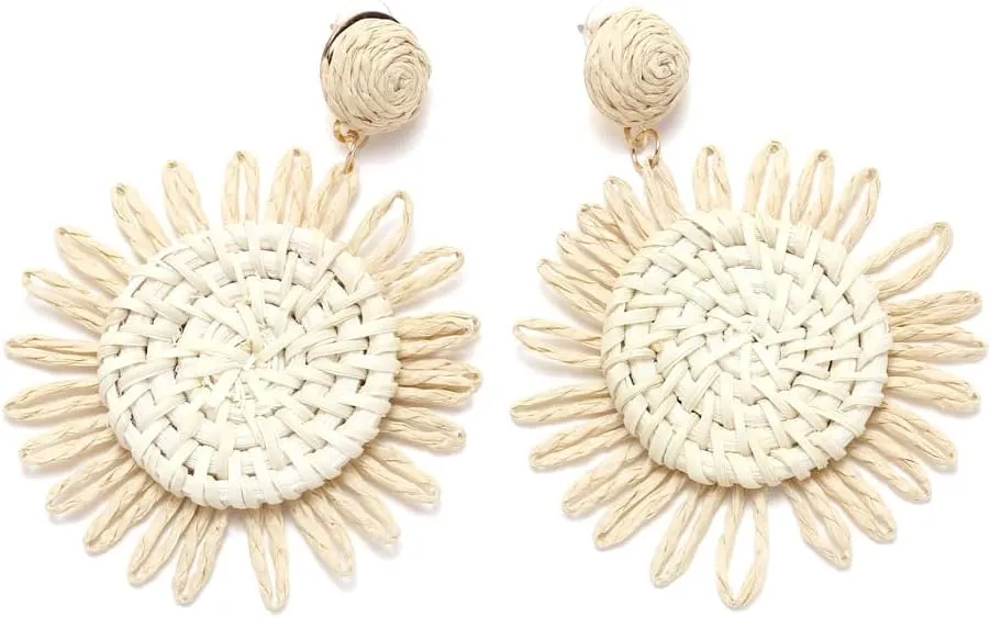 Handwoven Boho Raffia Rattan Drop Earrings Straw Wicker Flower Geometric Statement Earrings for Women Summer Beach Vacation Jewelry Gifts
