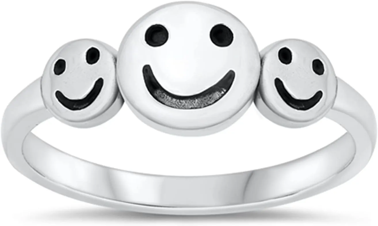 Happy Smiling Faces Ring 925 Sterling Silver 7.7mm Size 4-10