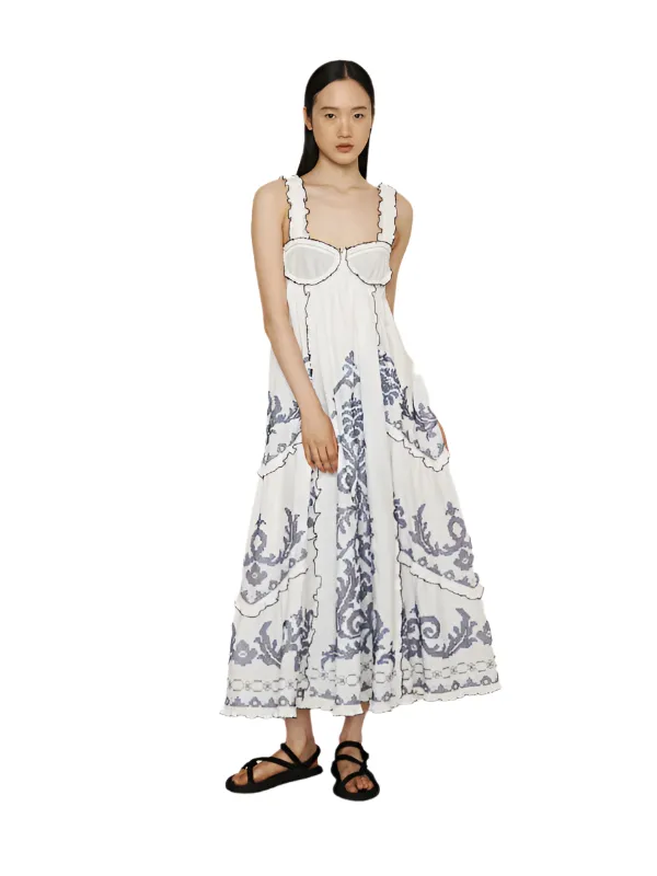 Hazel Smocked Embroidered Midi Dress in White