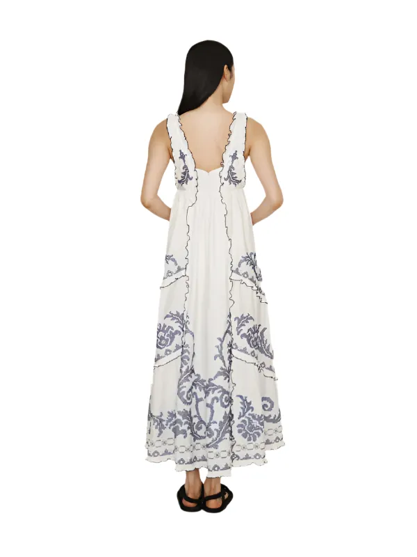Hazel Smocked Embroidered Midi Dress in White