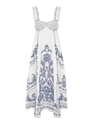 Hazel Smocked Embroidered Midi Dress in White