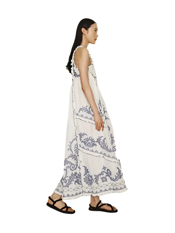 Hazel Smocked Embroidered Midi Dress in White