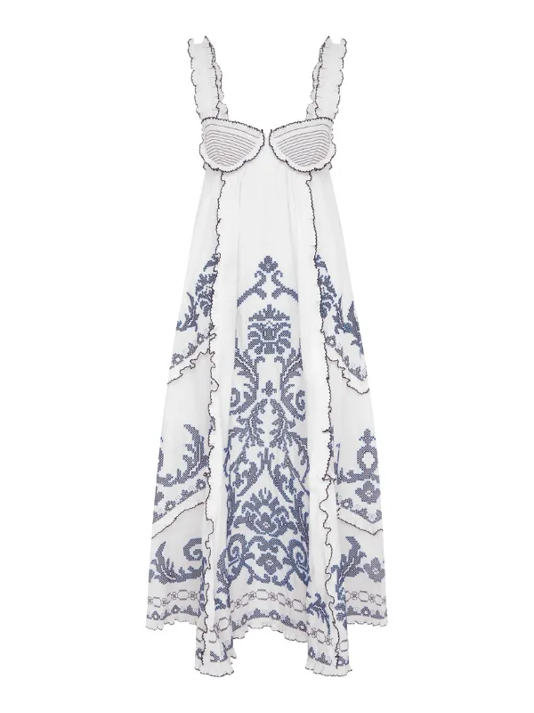Hazel Smocked Embroidered Midi Dress in White