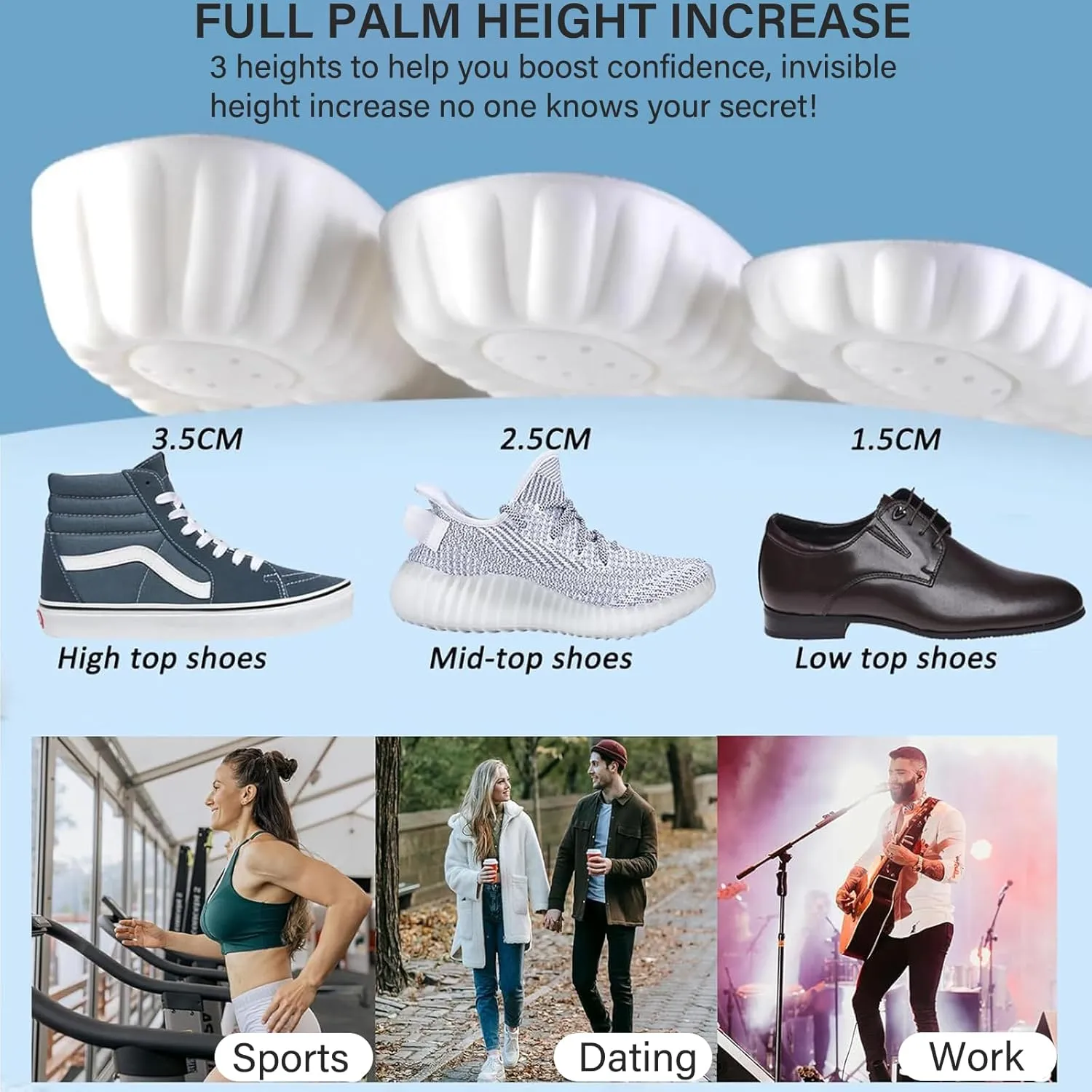 Height Increase Memory Foam Insoles for Men & Women - Taller Heel Lift Shoe Inserts with Breathable Cushioned Comfort for Sports Shoes, Work Boots | Trim to Fit (Black 3.5cm, 9-11.5 US Men)