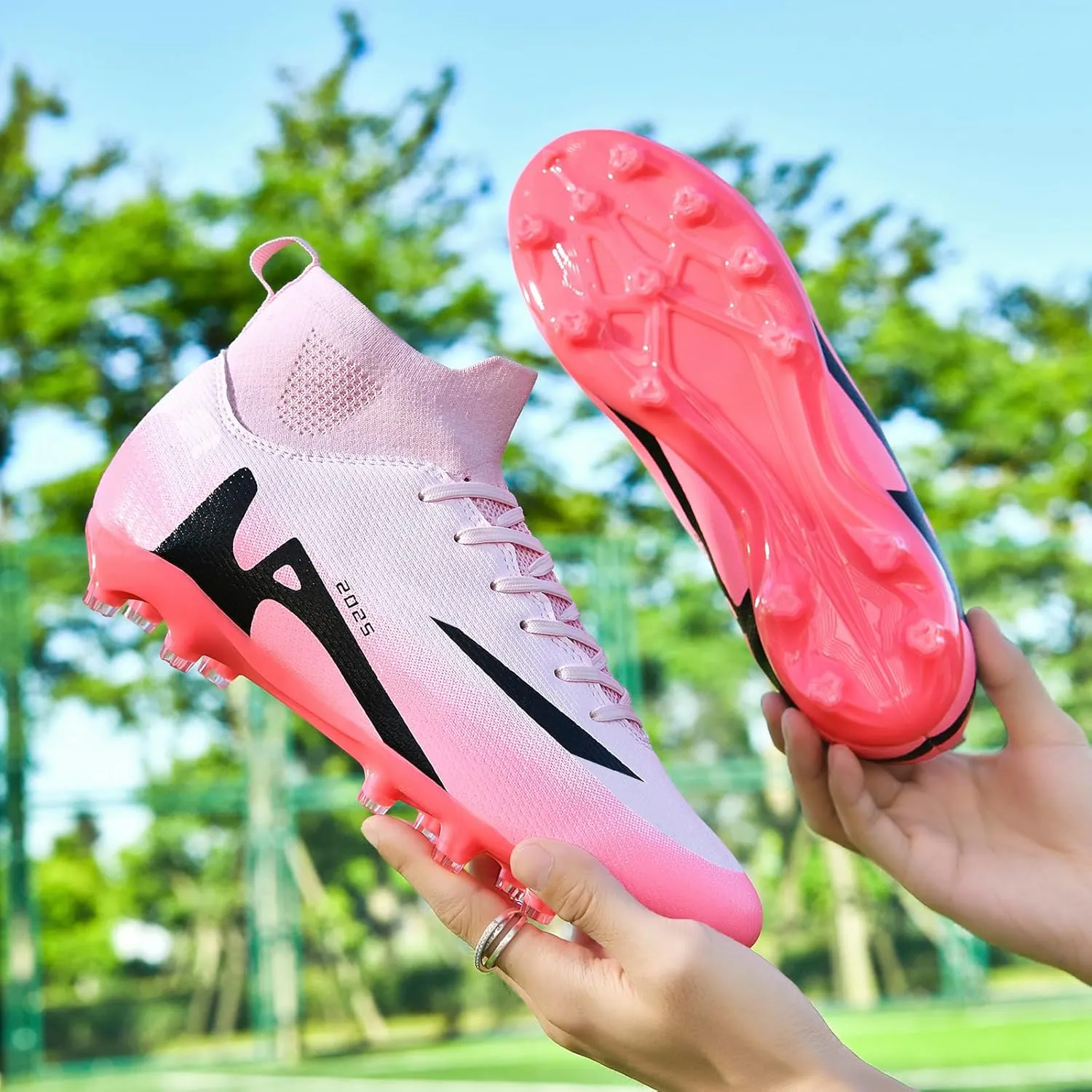 HHY Men's Soccer Shoes Football Cleats with Lace-Up High-Tops Non-Slip Spikes