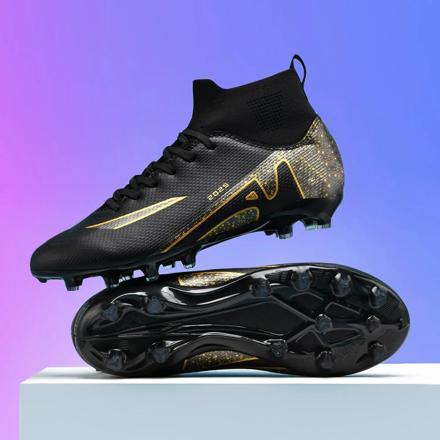 HHY Men's Soccer Shoes Football Cleats with Lace-Up High-Tops Non-Slip Spikes