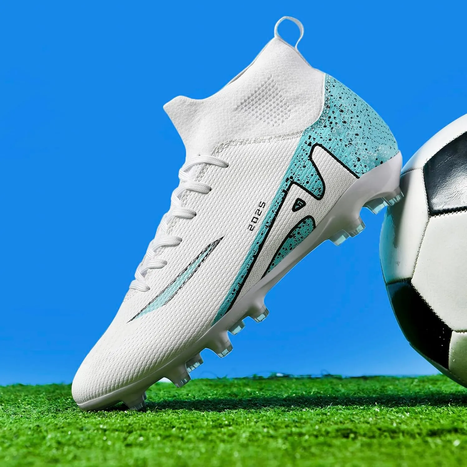 HHY Men's Soccer Shoes Football Cleats with Lace-Up High-Tops Non-Slip Spikes