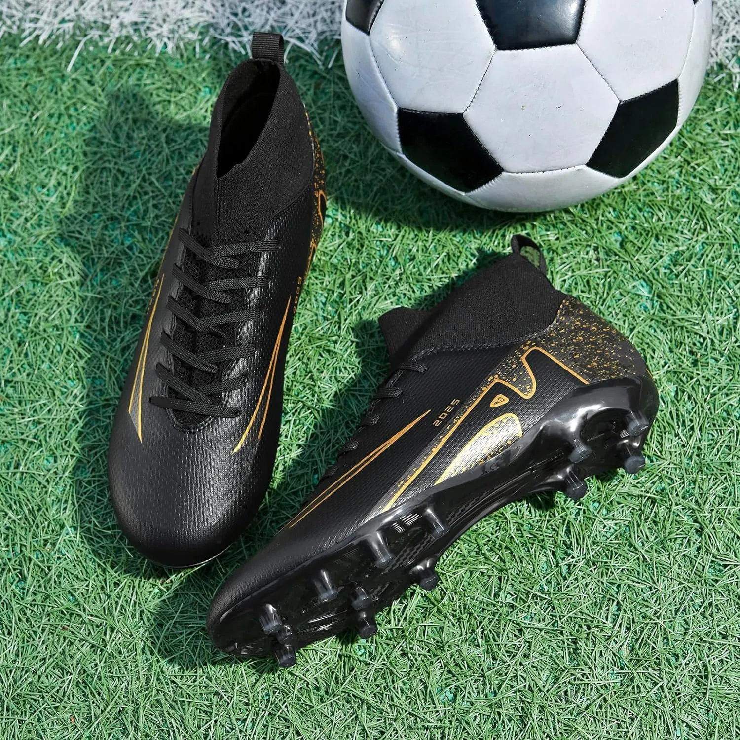 HHY Men's Soccer Shoes Football Cleats with Lace-Up High-Tops Non-Slip Spikes