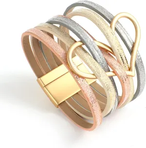 hotoo Heart Charm Leather Stackable Bracelets for Women Trendy Love Cuff Wrap Bracelet Christma Jewelry Birthday Anniversary