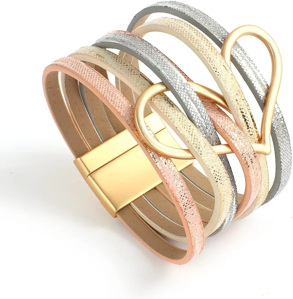 hotoo Heart Charm Leather Stackable Bracelets for Women Trendy Love Cuff Wrap Bracelet Christma Jewelry Birthday Anniversary