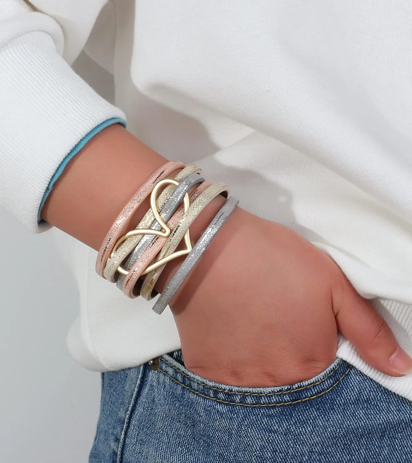 hotoo Heart Charm Leather Stackable Bracelets for Women Trendy Love Cuff Wrap Bracelet Christma Jewelry Birthday Anniversary