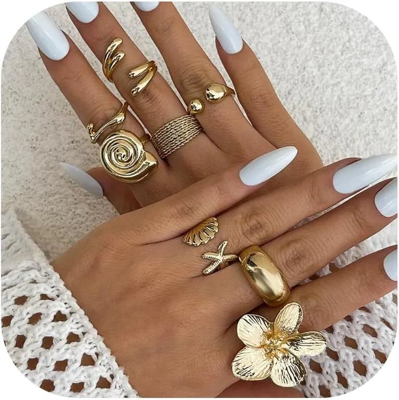 HUASAI Gold Chunky Beachy Rings Dainty Seashell Shell Starfish Flower Ring Set Boho Stackable Rings for Women Summer Jewelry for Women Beach Accessories Vacation Party Summer Stuff
