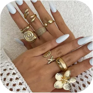HUASAI Gold Chunky Beachy Rings Dainty Seashell Shell Starfish Flower Ring Set Boho Stackable Rings for Women Summer Jewelry for Women Beach Accessories Vacation Party Summer Stuff