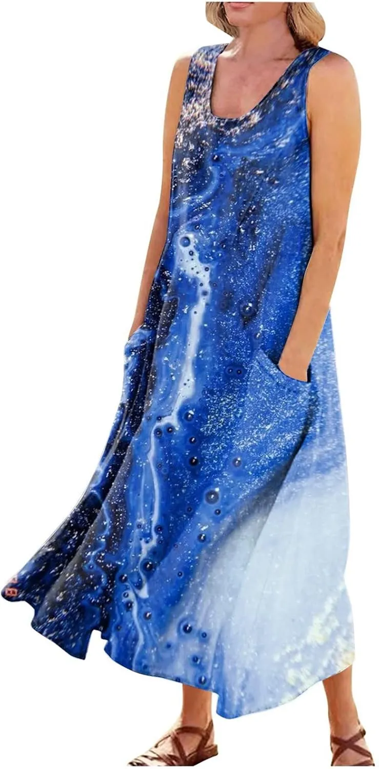 HXHYQKP Plus Size Dresses for Curvy Women - Sleeveless Summer Maxi Sun Dresses with Pockets