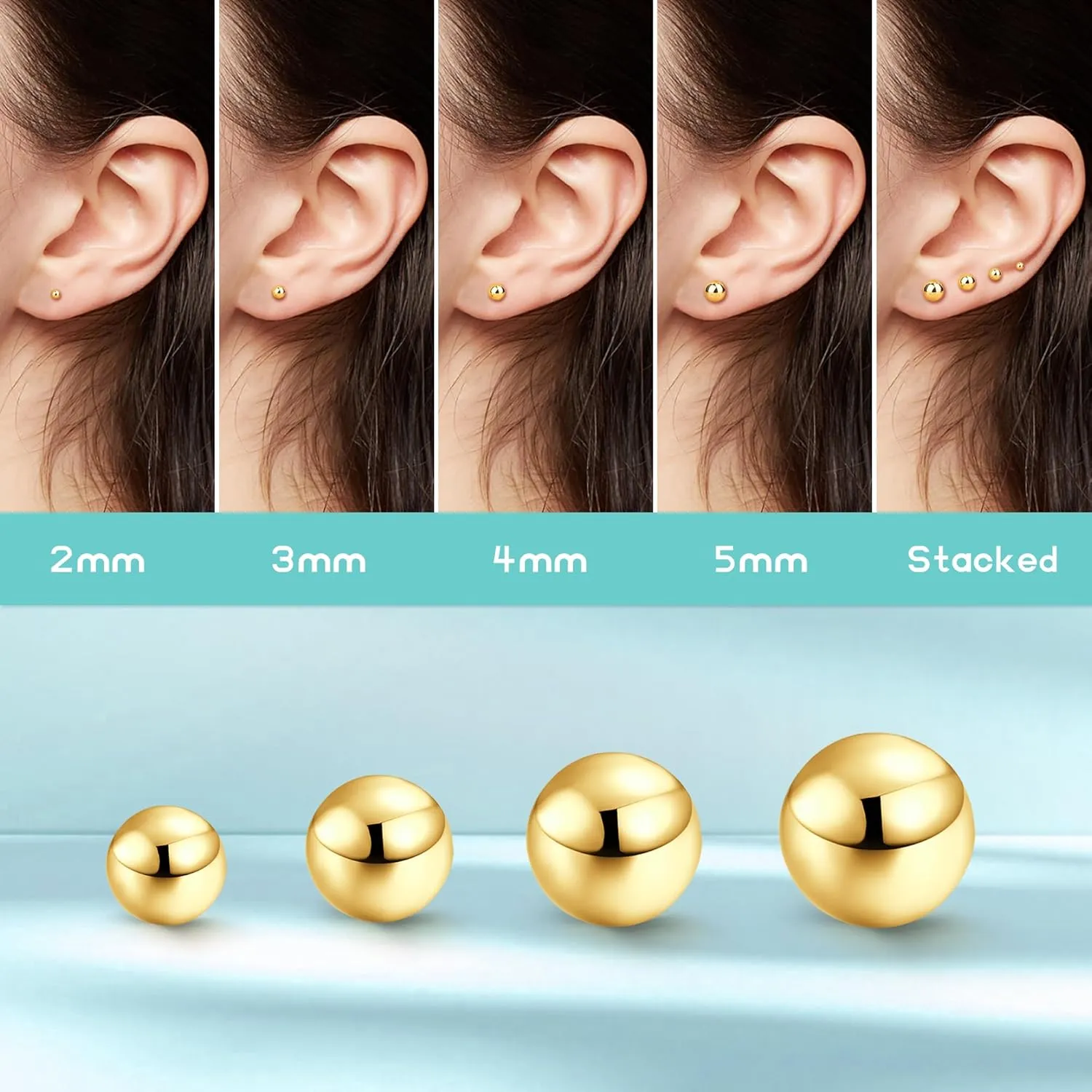 Hypoallergenic Flat Back Earrings for Women - 925 Sterling Silver Earrings for Sensitive Ears - Cartilage Earring Helix Conch Tragus Piercing Flatback Cubic Zirconia Earring Set Studs Men 2/3/4/5mm
