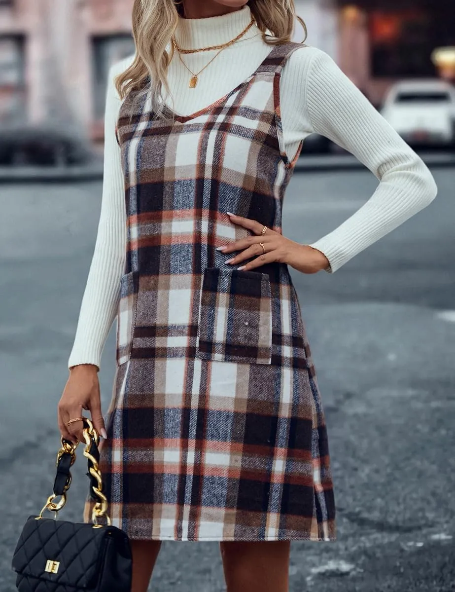 IDEALSANXUN Plaid Overall Dress for Women Fall Winter Sleeveless Plaid Dresses with Pockets