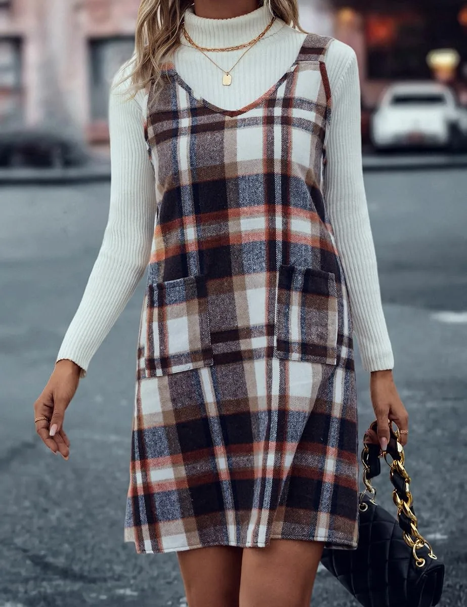 IDEALSANXUN Plaid Overall Dress for Women Fall Winter Sleeveless Plaid Dresses with Pockets