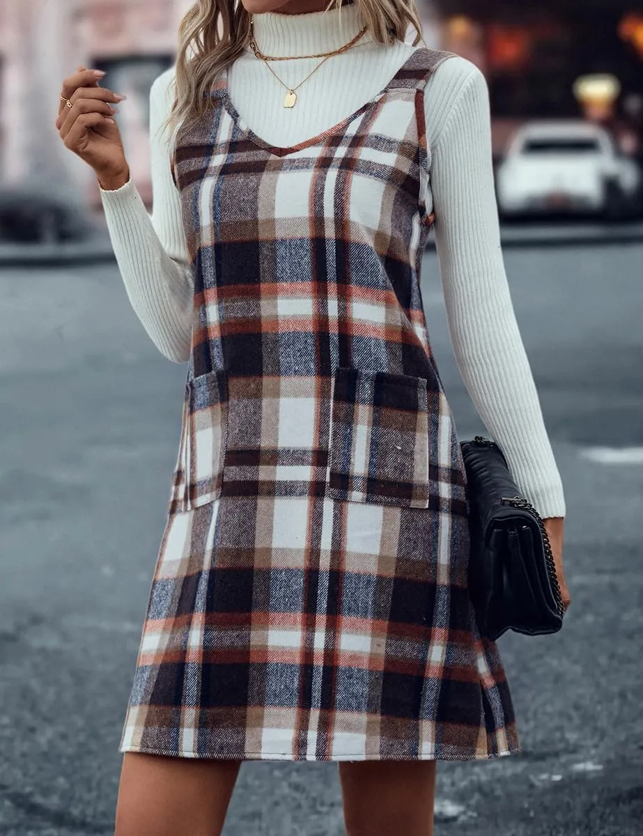 IDEALSANXUN Plaid Overall Dress for Women Fall Winter Sleeveless Plaid Dresses with Pockets
