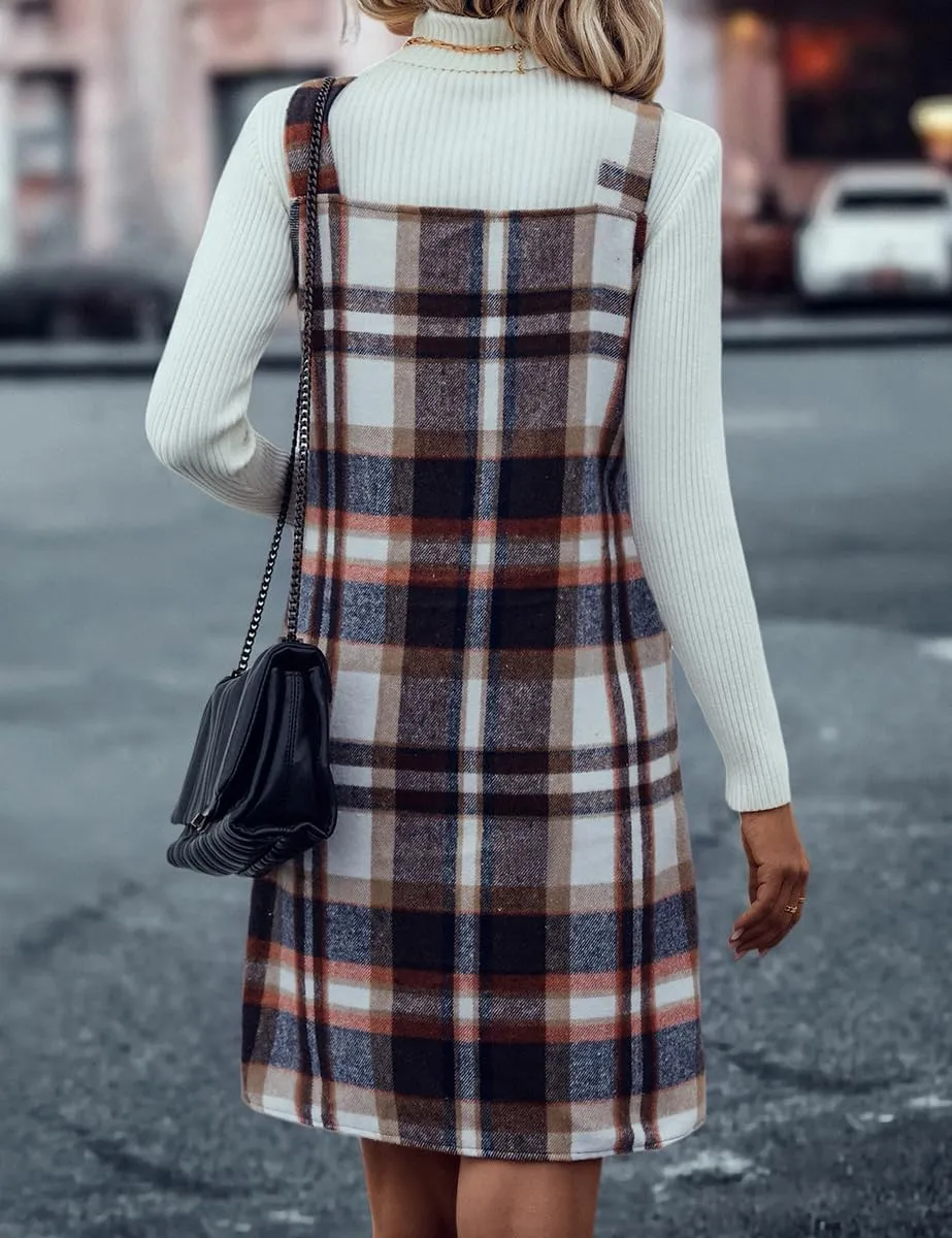 IDEALSANXUN Plaid Overall Dress for Women Fall Winter Sleeveless Plaid Dresses with Pockets