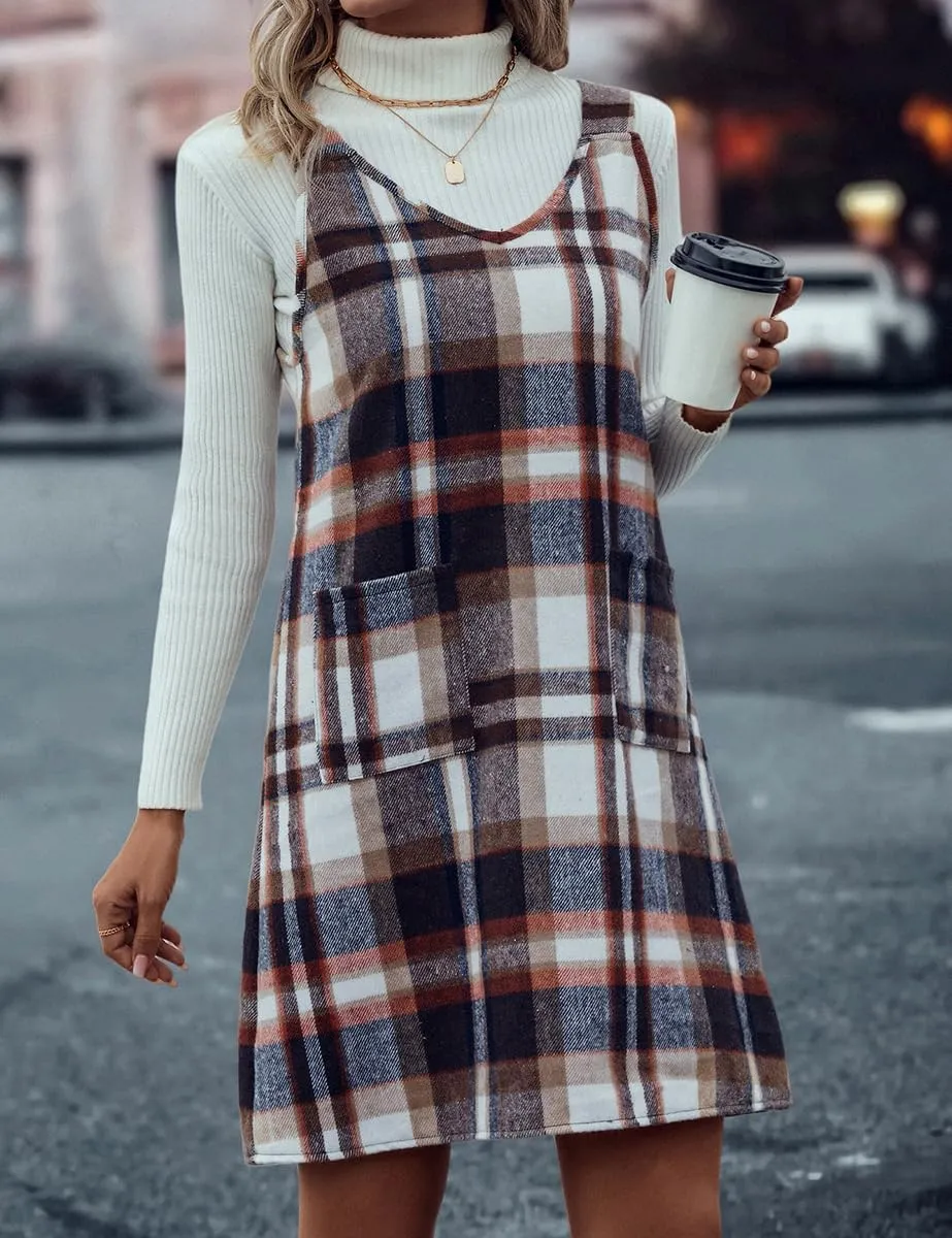 IDEALSANXUN Plaid Overall Dress for Women Fall Winter Sleeveless Plaid Dresses with Pockets