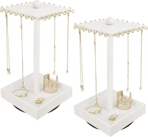 Ikee Design 2 Pcs Set Wooden Rotating Jewelry Display Stand Tower for Shows,Jewelry Organizer for Necklace and Bracelet, Rotating Necklace and Bracelet Holder Organizer, Wash White Color