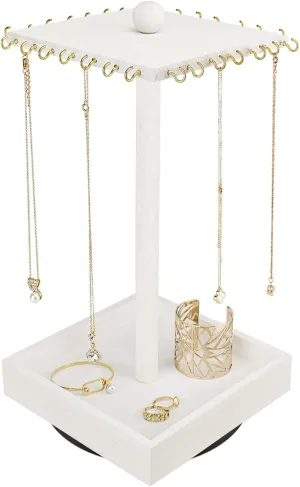Ikee Design Wooden Rotating Jewelry Organizer,Jewelry Display Tower for Necklace,Bracelet, Rotating Necklace Holder Organizer,Jewelry Stand for Shows, Wash White Color, 7.88 W x 7.88 D x 16 H in