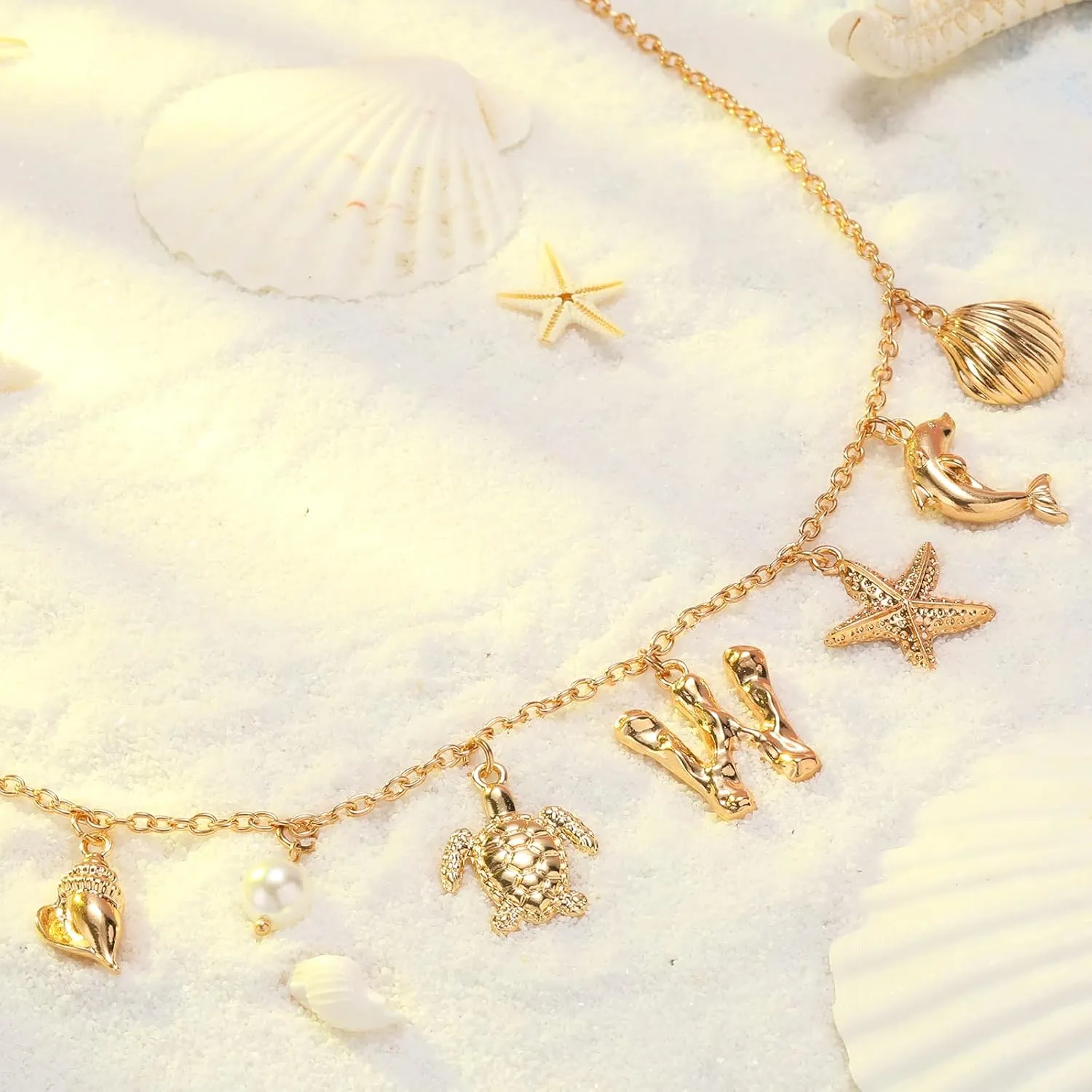 Initial Charm Necklace For Women, Boho Gold Summer Beach Surfer Letter Necklace Starfish Seashell Pearl Turtles Dolphin Charms Pendant, Trendy Pendant Alphabet Choker Necklace Jewelry Gifts for Teen