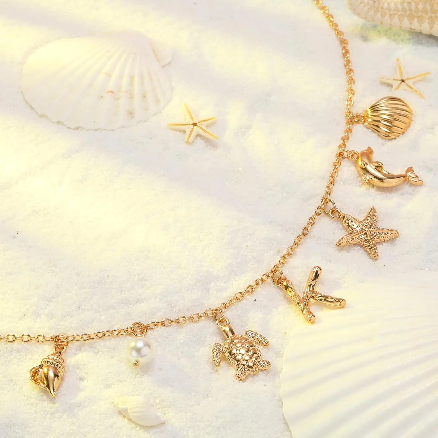 Initial Charm Necklace For Women, Boho Gold Summer Beach Surfer Letter Necklace Starfish Seashell Pearl Turtles Dolphin Charms Pendant, Trendy Pendant Alphabet Choker Necklace Jewelry Gifts for Teen