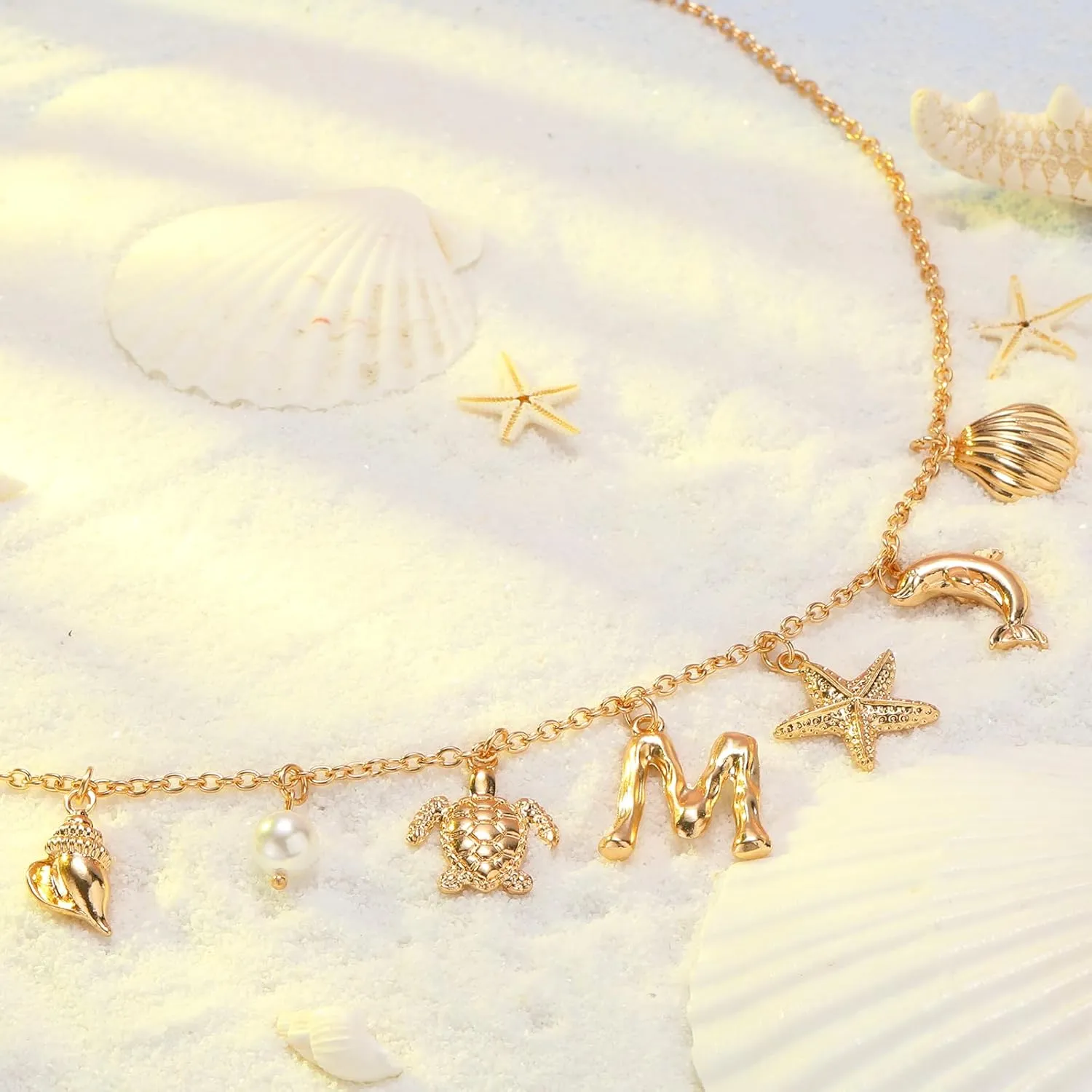 Initial Charm Necklace For Women, Boho Gold Summer Beach Surfer Letter Necklace Starfish Seashell Pearl Turtles Dolphin Charms Pendant, Trendy Pendant Alphabet Choker Necklace Jewelry Gifts for Teen