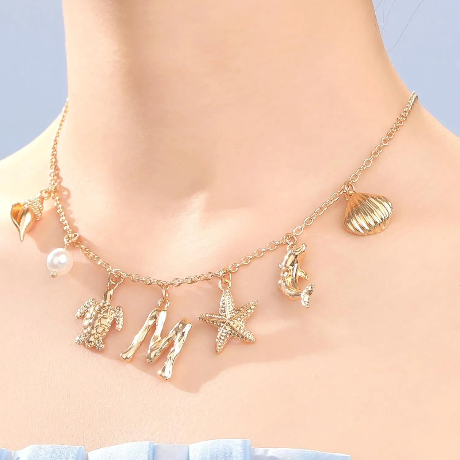 Initial Charm Necklace For Women, Boho Gold Summer Beach Surfer Letter Necklace Starfish Seashell Pearl Turtles Dolphin Charms Pendant, Trendy Pendant Alphabet Choker Necklace Jewelry Gifts for Teen