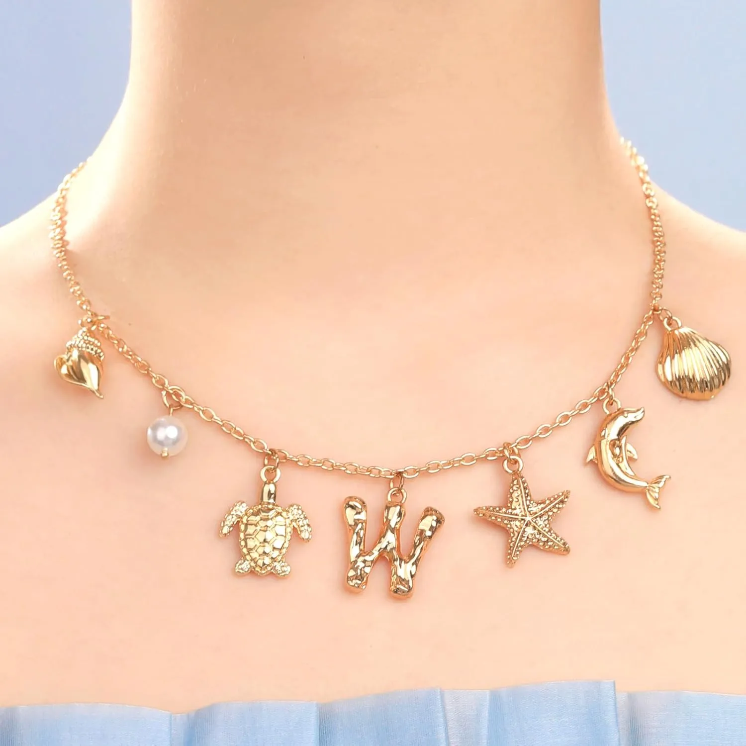 Initial Charm Necklace For Women, Boho Gold Summer Beach Surfer Letter Necklace Starfish Seashell Pearl Turtles Dolphin Charms Pendant, Trendy Pendant Alphabet Choker Necklace Jewelry Gifts for Teen