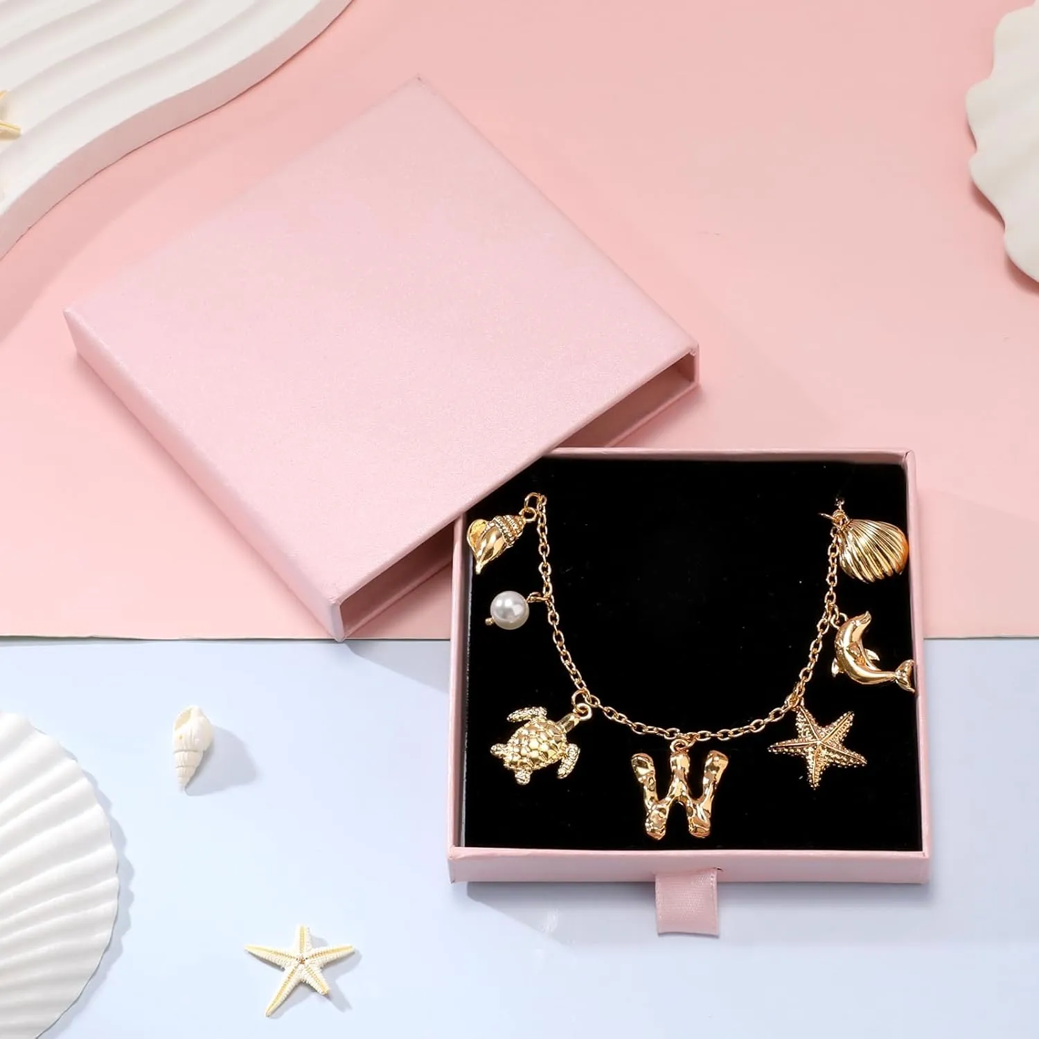 Initial Charm Necklace For Women, Boho Gold Summer Beach Surfer Letter Necklace Starfish Seashell Pearl Turtles Dolphin Charms Pendant, Trendy Pendant Alphabet Choker Necklace Jewelry Gifts for Teen