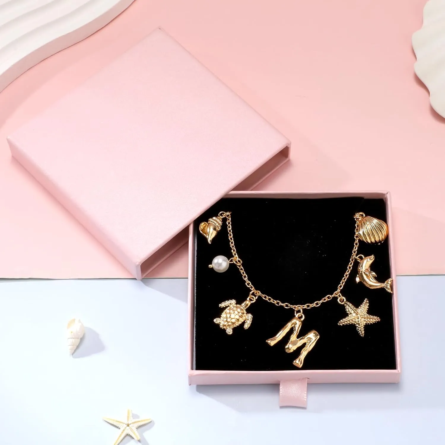 Initial Charm Necklace For Women, Boho Gold Summer Beach Surfer Letter Necklace Starfish Seashell Pearl Turtles Dolphin Charms Pendant, Trendy Pendant Alphabet Choker Necklace Jewelry Gifts for Teen