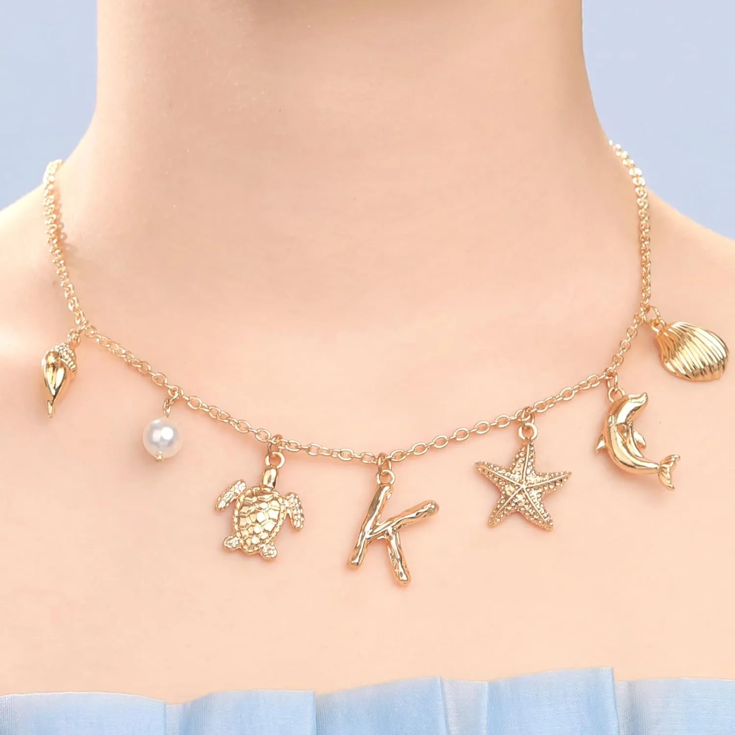 Initial Charm Necklace For Women, Boho Gold Summer Beach Surfer Letter Necklace Starfish Seashell Pearl Turtles Dolphin Charms Pendant, Trendy Pendant Alphabet Choker Necklace Jewelry Gifts for Teen